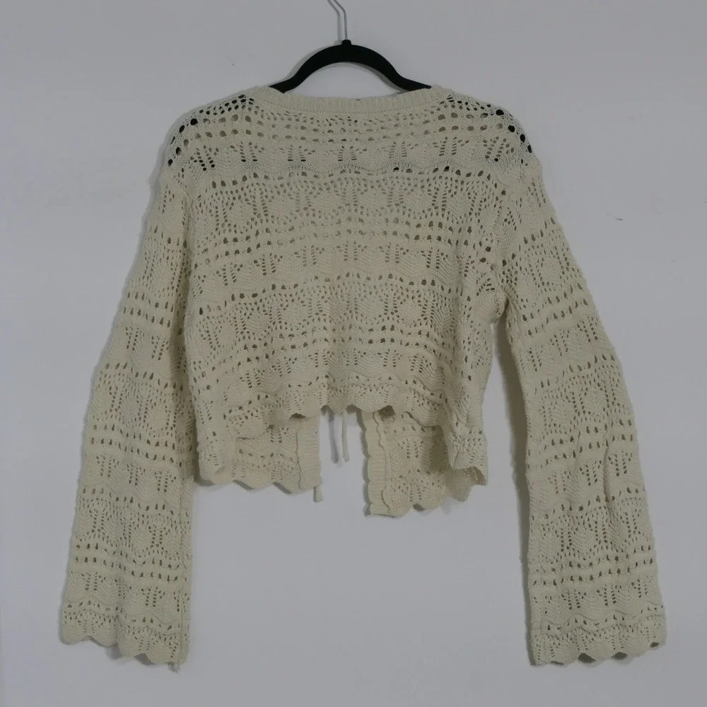 Sincerely Jules Womens Cardigan M Cream Boho Crochet Pointelle ST20430 Feminine